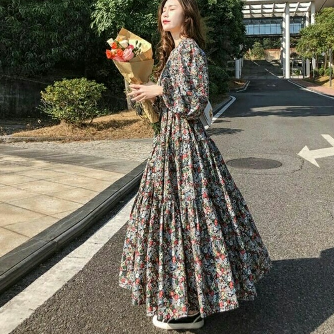 01190 Baju maxi dress gaun pesta wanita import baju dress lengan ballon gaun pesta cewek import pink