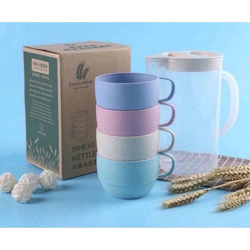 Teko Set Gelas Plastik 5 Pcs Bahan Jerami Wheat Straw Warna Warni / Teko + Gelas Bahan Jerami CF-11 / Ketel Set Cangkir Warna / teko gelas set / teko jus / cangkir teh plastik /  gelas kopi