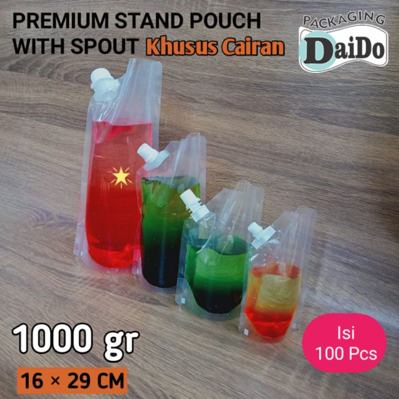 ISI 100 Pcs PLASTIK STANDING POUCH DENGAN TUTUP BOTOL MINUMAN 1000ml (SPOUTPACK)