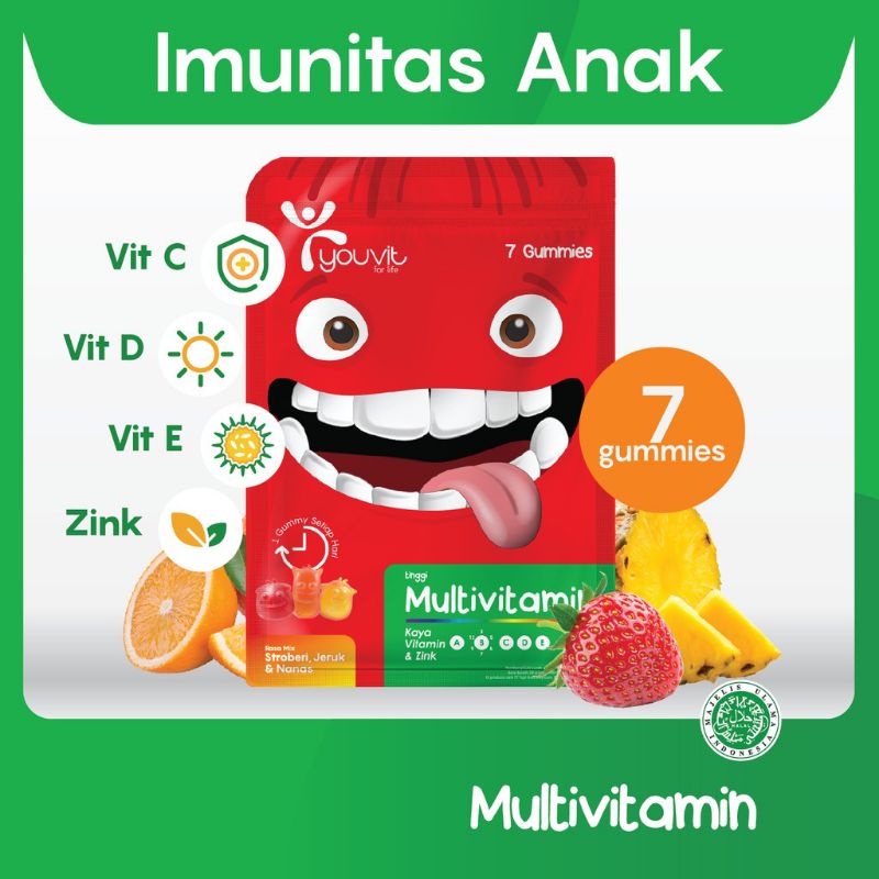 YouVit Multivitamin Anak Vitamin A B C D E Zinc 1 Sachet Rasa Stroberi Jeruk Nanas