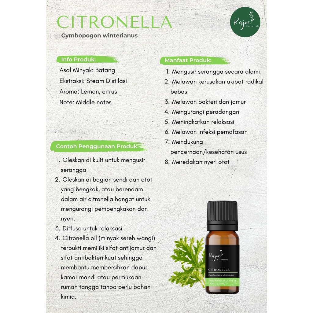 KAJOE Citronella Essential Oil Minyak Sereh Wangi Atsiri Aromaterapi Aromatheraphy Diffuser