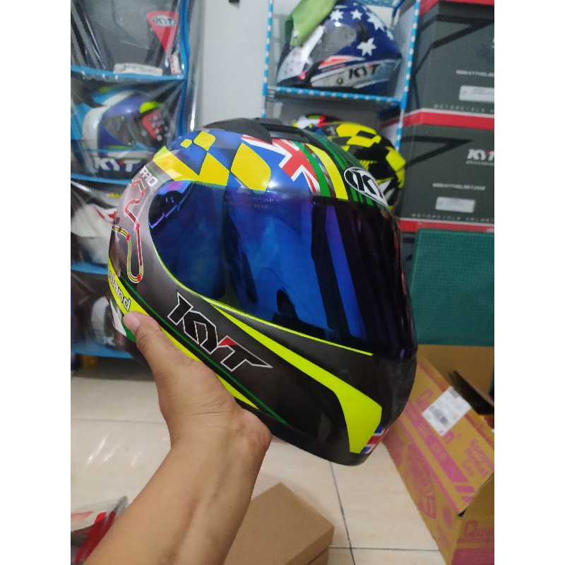 kyt r10 paket ganteng flat iridium blue dan paket original