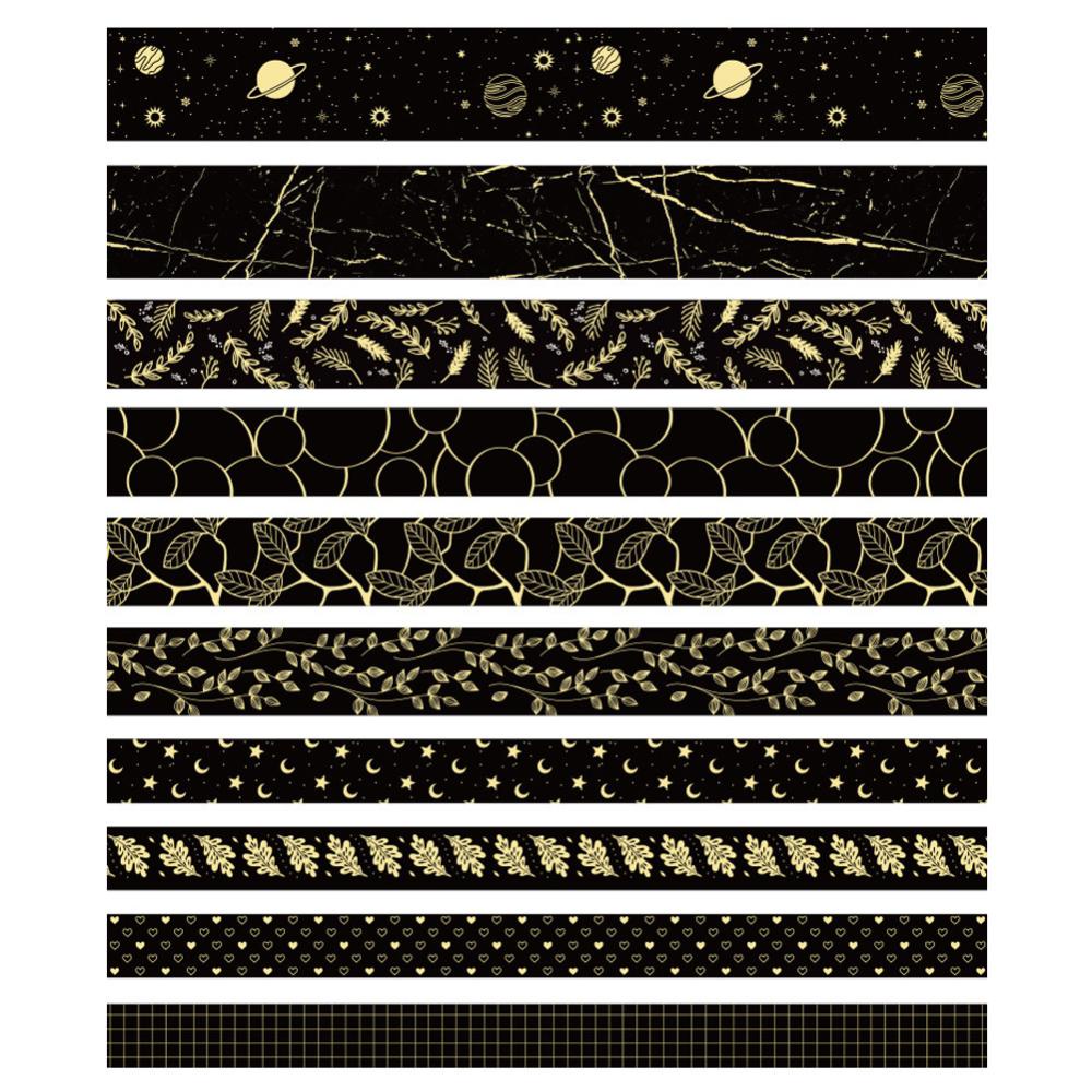 Timekey 10 Rol / Set Selotip Washi Warna Hitam / Emas Gaya Vintage Untuk Dekorasi Scrapbook / Diary / Jurnal A7K5
