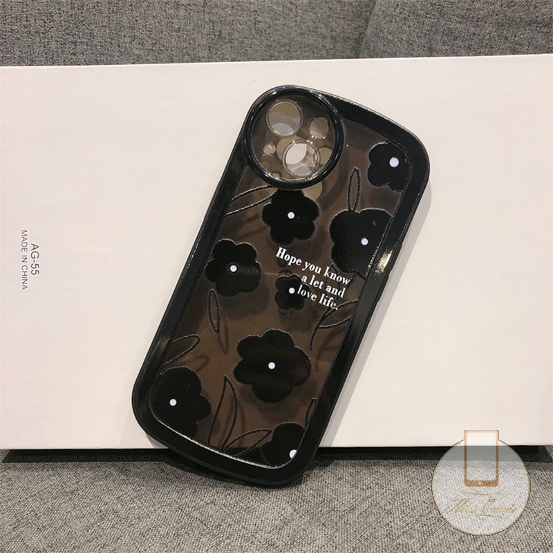 IPHONE Casing Ponsel Hitam Bunga Full Belakang Kompatibel Untuk Iphone11 12 13 14 Pro Max7 8 Plus XR XS Max X6 6s Plus 11Pro Max SE 2020 Shockproof Round Lens Protection Soft TPU Case Cover