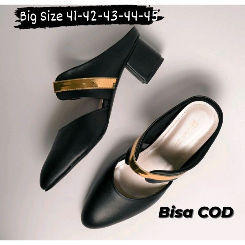 Bustong BIG SIZE 41-45 / Sendal Estrada Wanita JUMBO Hitam / Heels Hak 5cm Size Besar Sendal Formal, 42