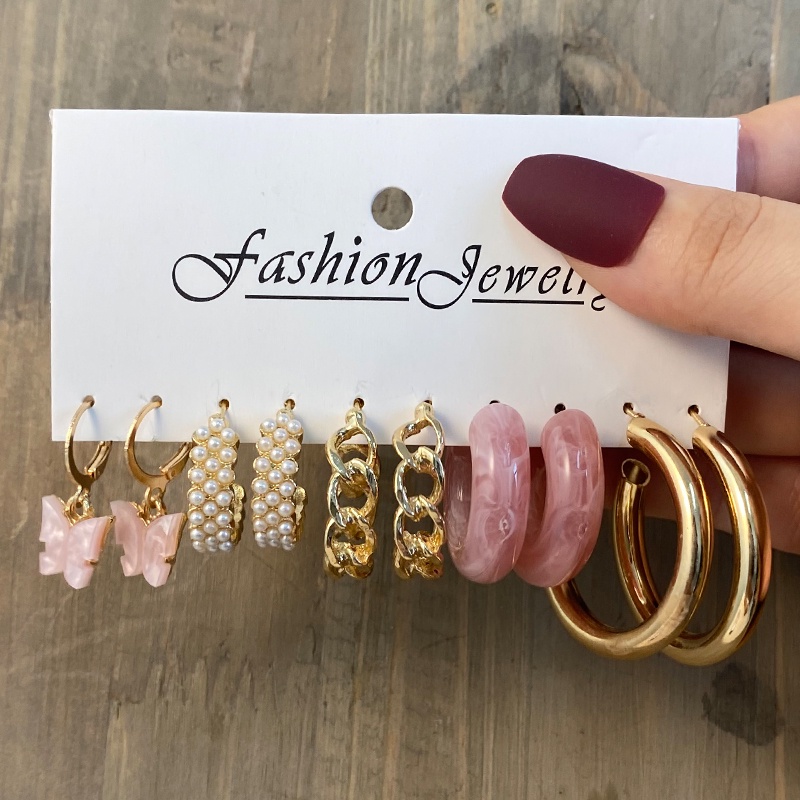 5pcs / Set Anting Hoop Liontin Kupu-Kupu Mutiara Untuk Aksesoris Perhiasan Wanita