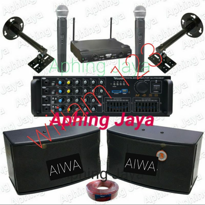 Paket Karaoke Sound System Speaker AIWA 8" + Amplifier + Microphone Wireless SHURE