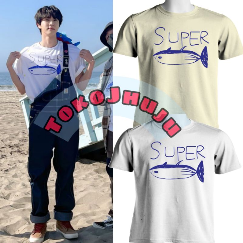 Baju Kaos BTS Kim Seokjin style SUPER TUNA sablon biru