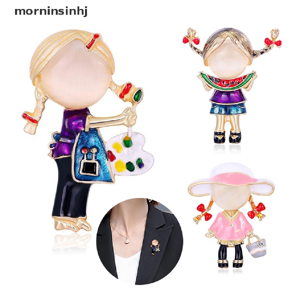 Mornin Bros Pin Enamel Bentuk Gadis Lucu Aksen Kristal Untuk Aksesoris Fashion Wanita