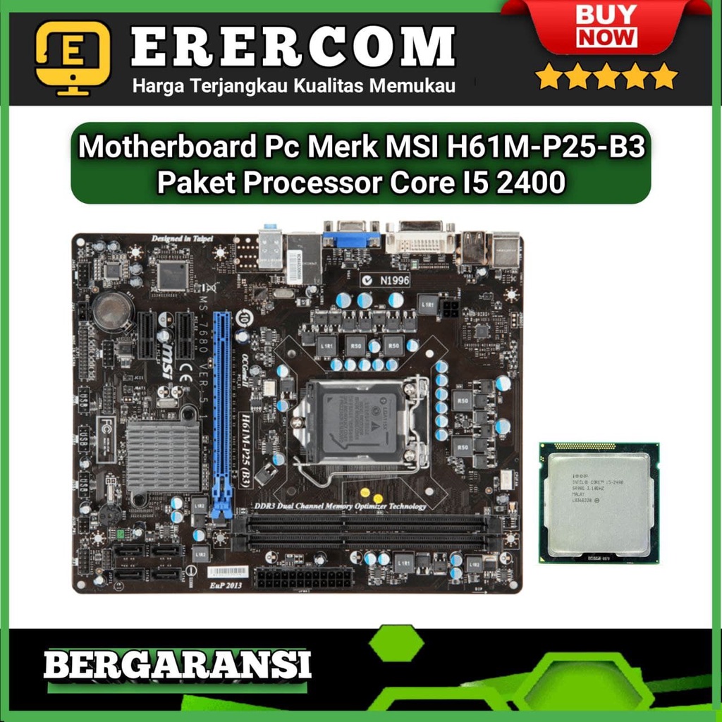 Motherboard Mainboard Mobo PC Merk MSI H61M P25 B3 Socket 1155 Paket Prosesor Intel Core i5 2400 3.1