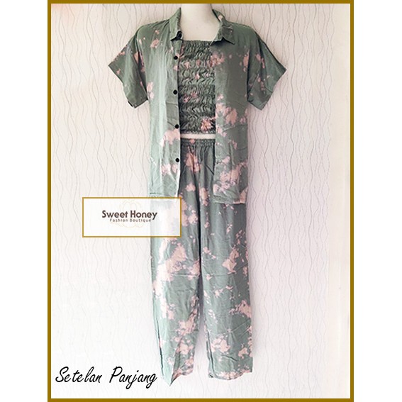 Sweet Honey ~ Setelan 3in1 Tiedye Pajamas Kemeja Kemben Kerut Celana Panjang Camisol Tiedye Bali