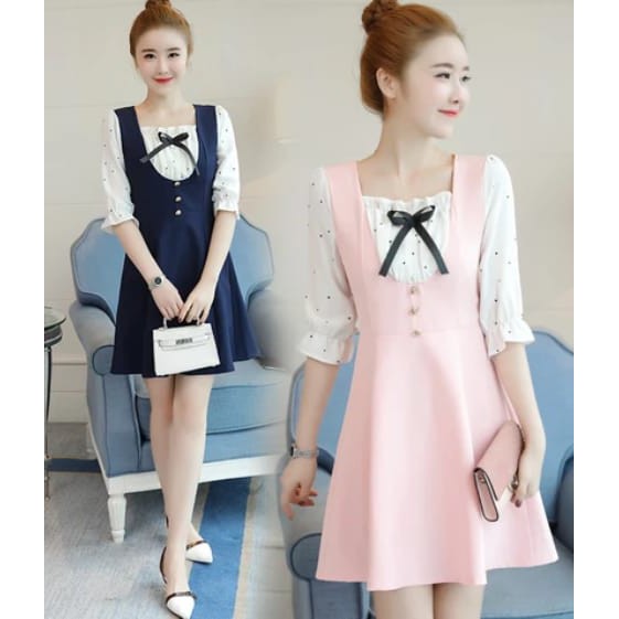 [Dress bablemix RO] dress wanita twiscont combi rayon navy dan pink