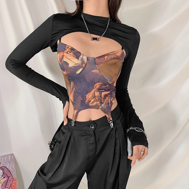 [✅BISA COD]  #Sisjuly# Lengan Panjang Kerah Bulat Wanita Retro Lukisan Minyak Gaya Tidak Teratur Budidaya Diri Selempang Kecil Word Neck Slim Fit Cropped Tank Top Set Dua Potong