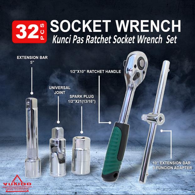 Kunci Sock Socket Wrench Pas Socket Set 1/2 Car Repair Tool 32 pcs Lengkap Socket Tool Kit Pas Ring L Motor Mobil