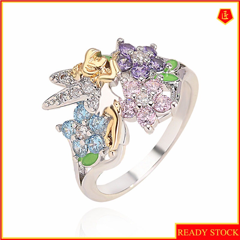 [Ready Stock]Golden Wings Elf Diamond-Studded Ring Fashion Creative Colored Gems