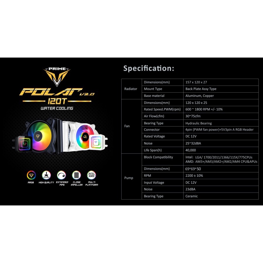 PRIME POLAR 120T V2.0 ARGB Liquid Cooler with Rainbow Effect Pump Head