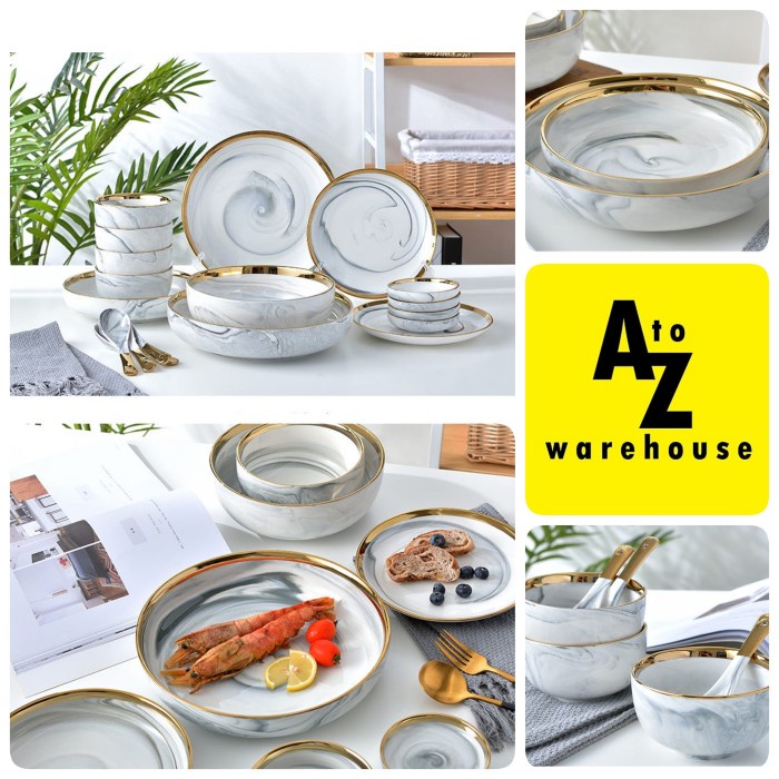Nordic Marble Plate Set 18 Pcs Piring Keramik Marble Marmer Set Plate
