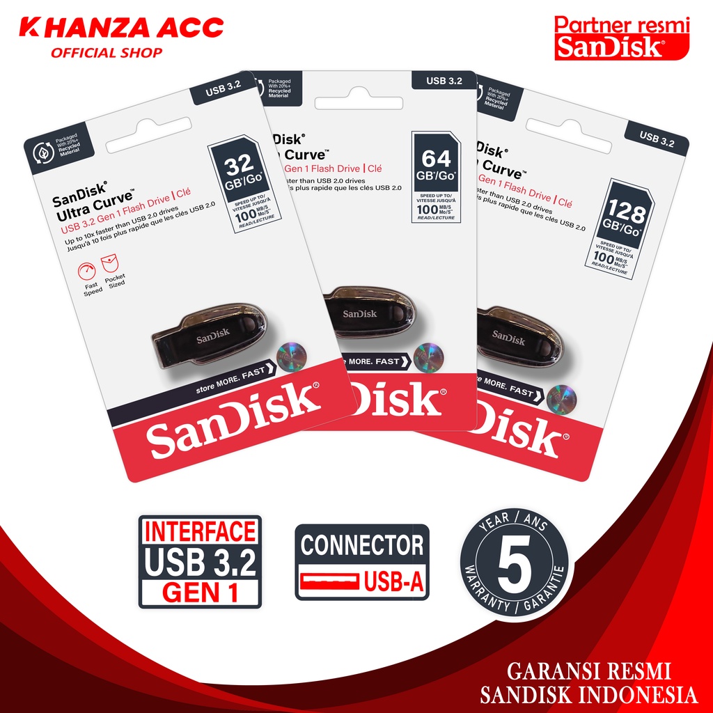 KHANZAACC SANDISK Ultra Curve Flashdisk 32GB / 64GB / 128GB USB 3.2 100MBps CZ550 Original