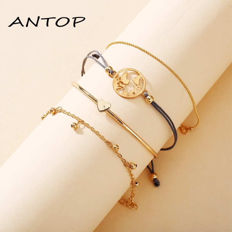 4Pcs Fashion Emas Cinta Pembukaan Vintage Gelang Set Wanita Perhiasan Aksesoris ANTOP