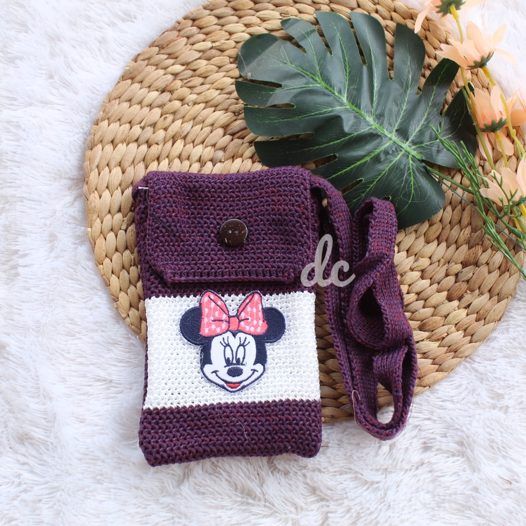 tas hp rajut lucu karakter minnie mouse / slingphone mickey mouse rajutan bandung / grosir tas rajut kecil