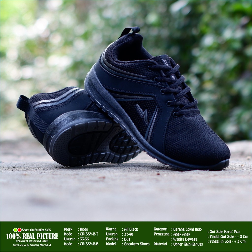 SEPATU ANAK BERTALI MODERN HITAM POLOS UNTUK SEKOLAH ANDO CRISSY - ZORA 33-36