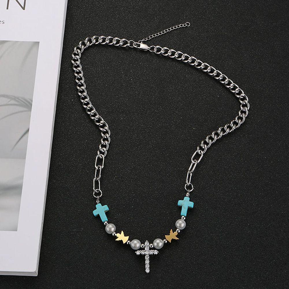 Mxbeauty Kalung Pria Hip-hop Vintage Liontin Salib Fashion Perhiasan Turquoise Beads Titanium Steel Tali Tangan