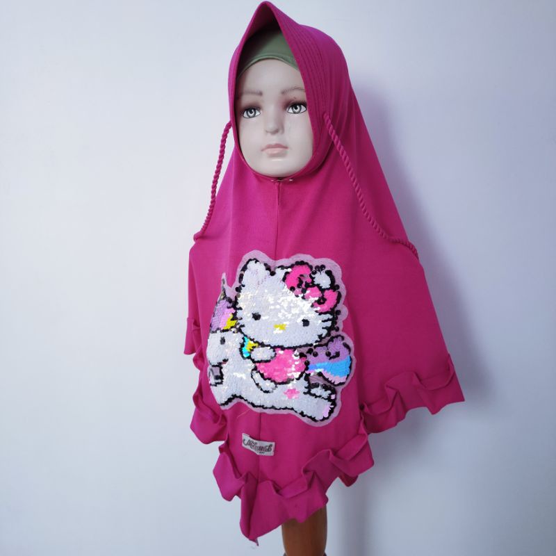 Jilbab Anak Hellokitty 4 5 6 7 8 tahun rempel fanta merah hitam ( jilbab  HK rumpa )