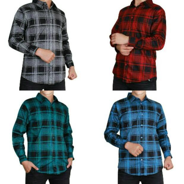 3Second Kemeja  Pria  Kotak  kotak  Abu  abu  Dan Hitam