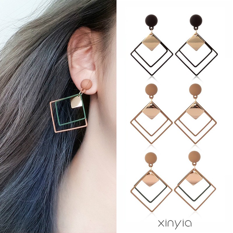 3 Warna Anting Wanita Tusuk Motif Geometri Hias Berlian Imitasi Ala Fashion Earring