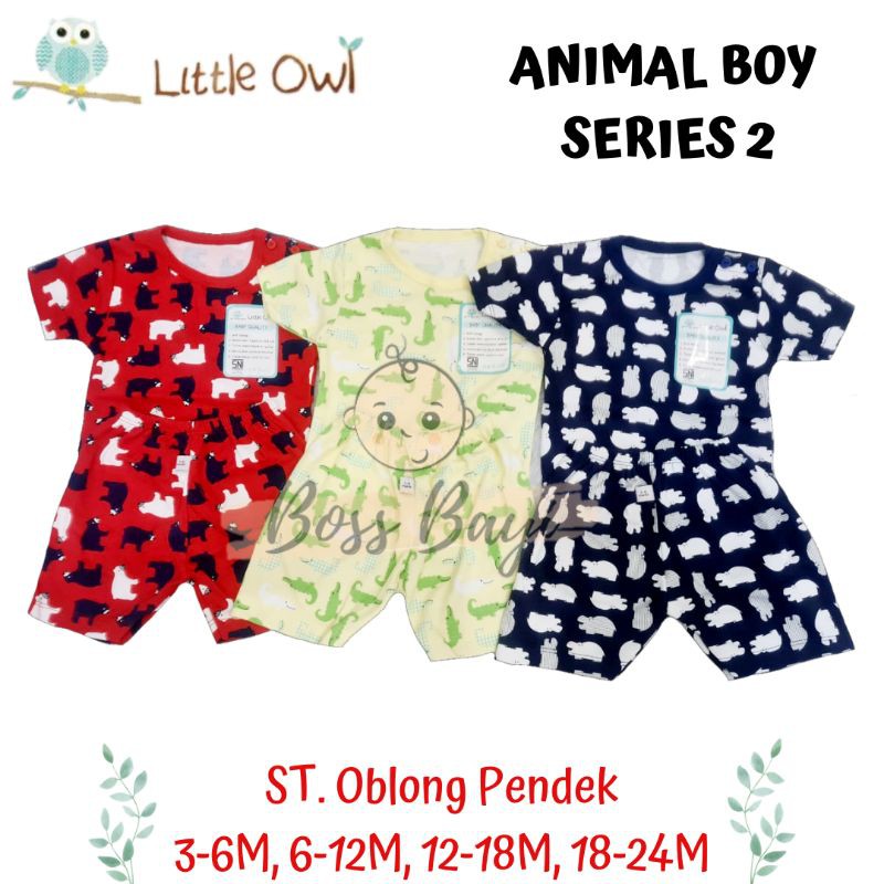 LITTLE OWL Setelan Oblong Pendek Kancing Pundak Bayi Anak 6-12M 12-18M 18-24M 24-36M Motif Boy