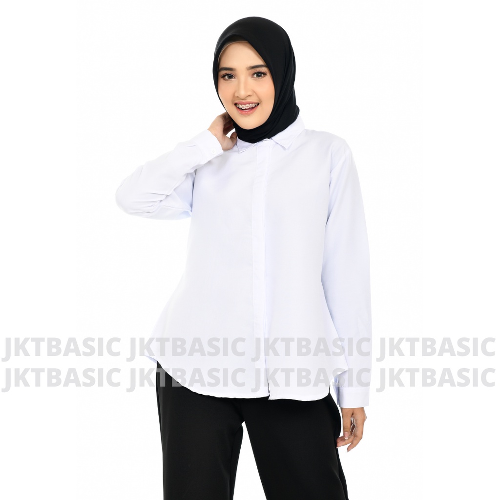 Kemeja Wanita Kasual Lengan Panjang Oversize Hijau Army-Putih