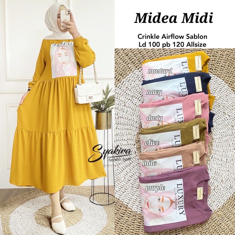 Midea Midi Dress Crinkle Sablon Midi Dress Printing Wanita