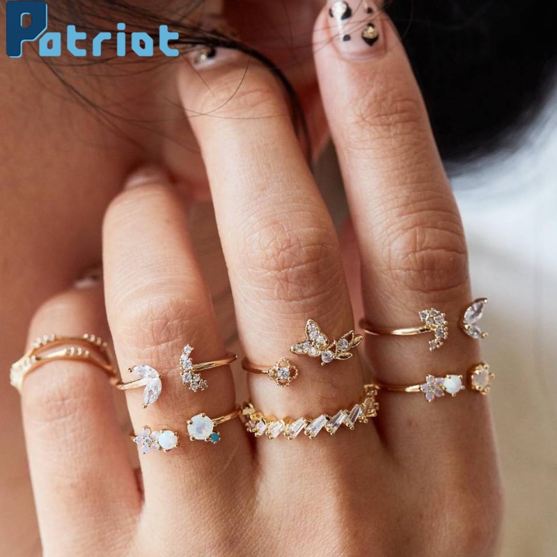 [ 7Pcs/Set Vintage Crystal Flower Butterfly Adjustable Open  Ring Set ][ Lovely Gifts Jewelry For Girl Friends  ]