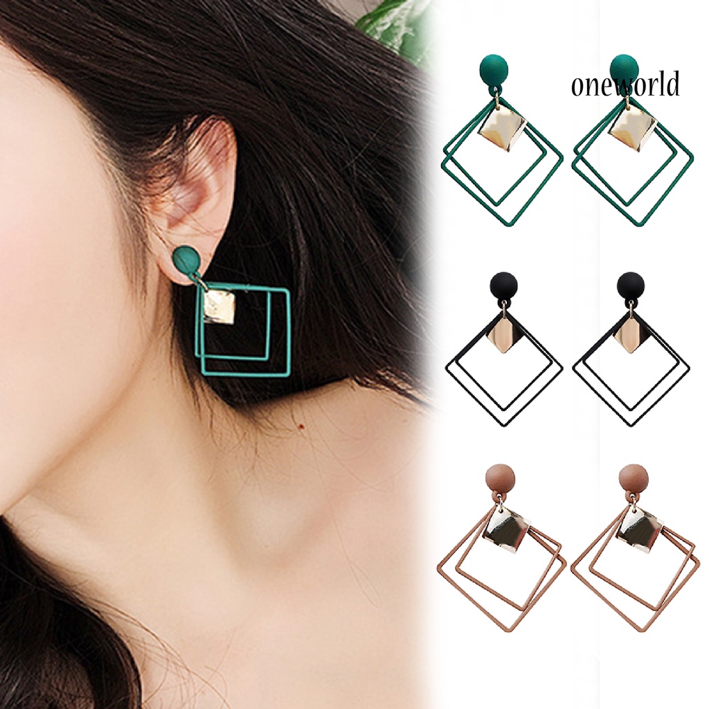 OW@ 1 Pair Ear Studs Piercing Concise Style Alloy Double Square Dangle Earrings for Gift
