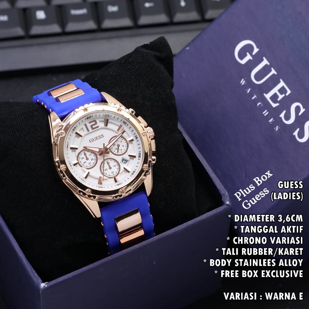 (FREE BOX) JAM TANGAN WANITA GUESS TALI RUBBER BODY BULAT TANGGAL AKTIF CHORNO VARIASI