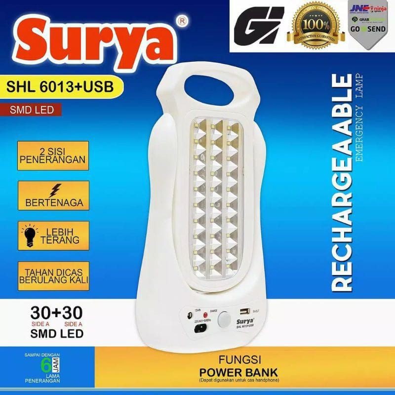 Surya Lampu Emergency SHL 6013 + USB Light LED SMD 30A+30A+ Power Bank Rechargeable 6 Hours