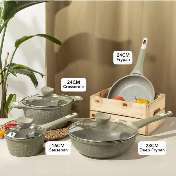 Carote Anti Lengket Cookware Wajan Panci Set 3 PCS / 4 PCS Green Family Combo Set, Bebas PFOA, Mudah