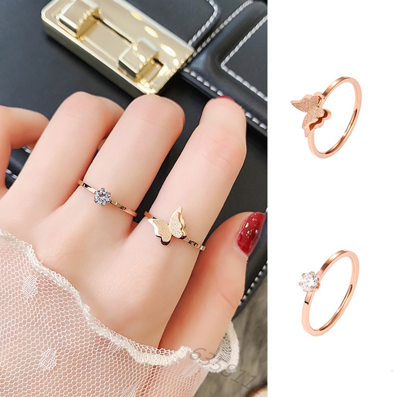 Cincin Titanium Berlian Tunggal Fashion Wanita Gaya Korea Cincin Emas Mawar Kupu-kupu Lucu