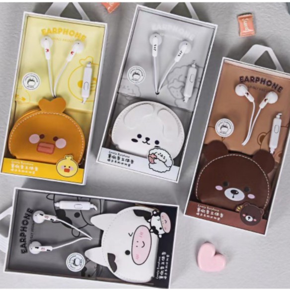 [KN-8227] / [KN-8231] Set Headset Earphone Motif Kepala HEWAN Bulat / Wadah Earphone Kartun Animal Head Lucu Bahan Kulit / Dompet Earphone Kulit Lucu