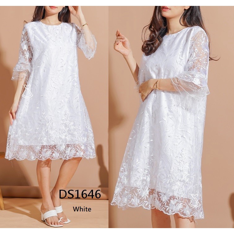 Midi Dress Korea Putih Premium Korean Style Casual Dres Wanita Party Elegan Jumbo Murah Kekinian Kondangan Natal Grosir Ds1646 - Tile Bordir - White