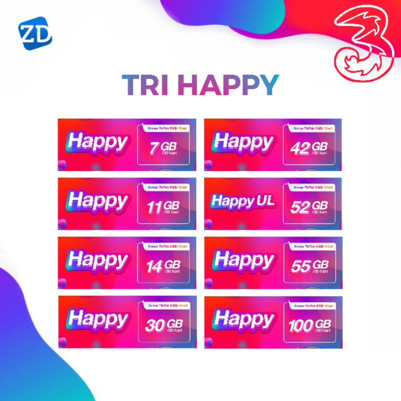 Paket Data Tri Happy 100GB 55GB 42GB 30GB 18GB Full Kuota Utama 24 Jam