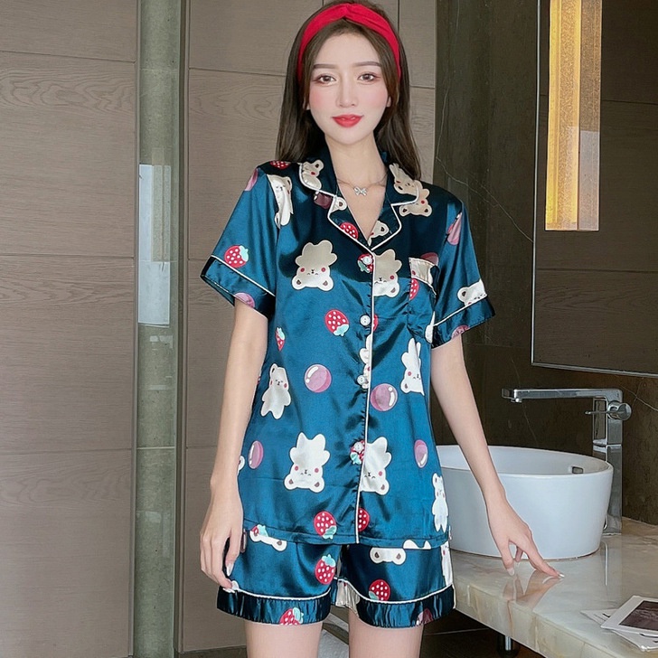 Lovera Baju Tidur Wanita Dewasa Model Kemeja Bahan Satin HP Lengan Pendek Celana Pendek Import High Quality Sleepwear-Bear Navy