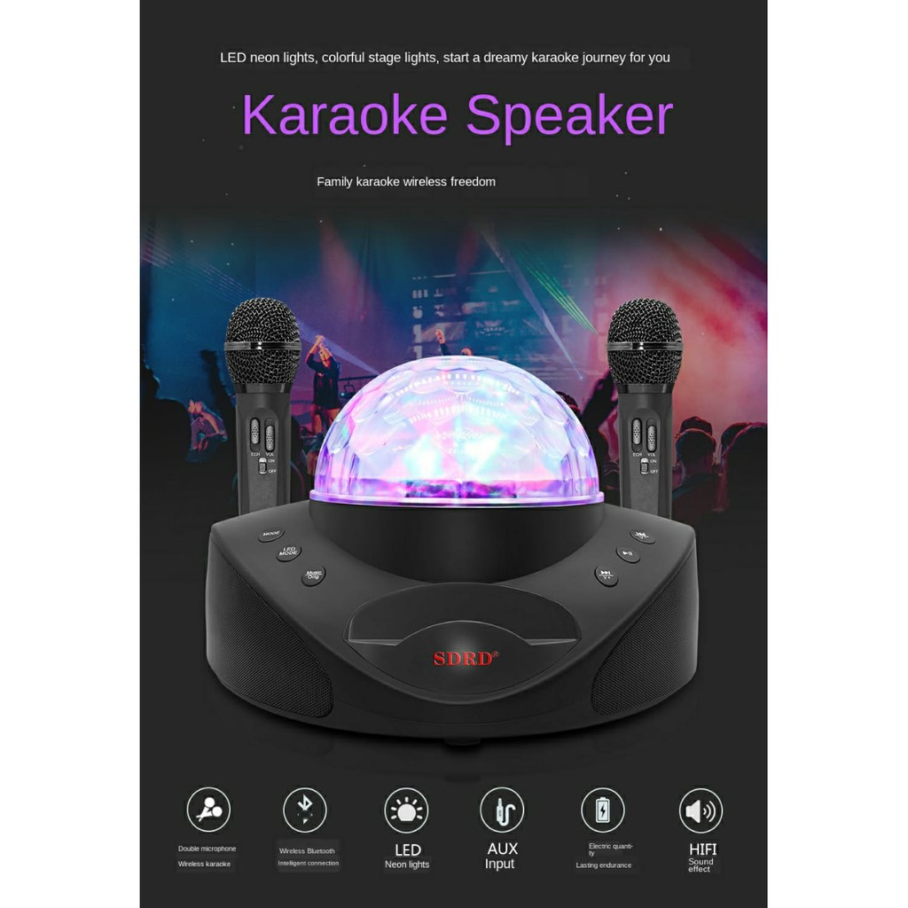 Speaker Karaoke Wireless Bluetooth SDRD SD 308 Original Lampu LED Disco Speaker Microphone SD308 Family KTV Karaoke Lampu Disco