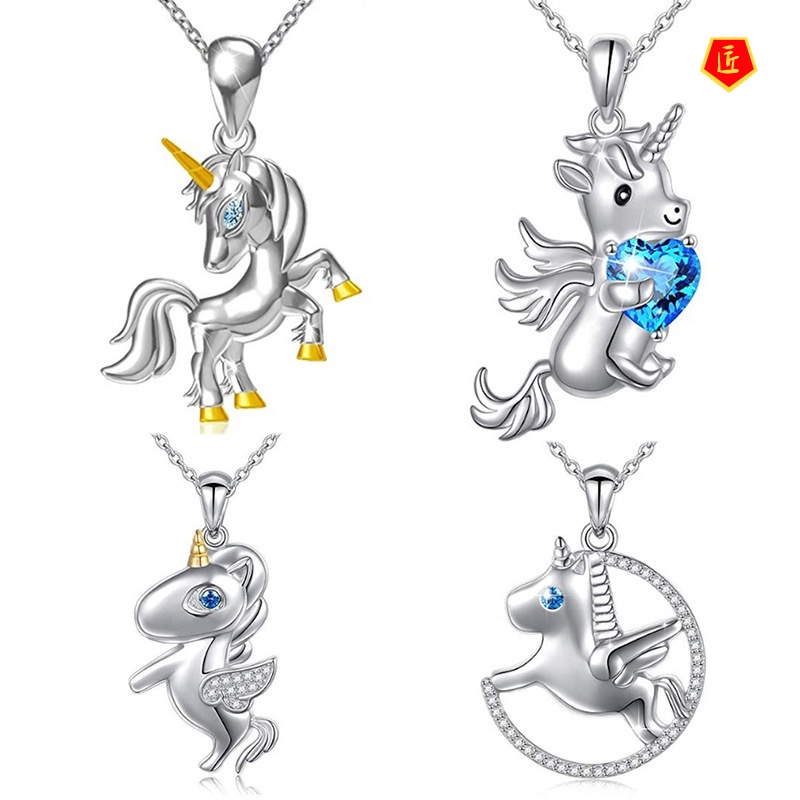 [Ready Stock]Unicorn Two-Tone Pendant Necklace Women European And American Fashion Diamond