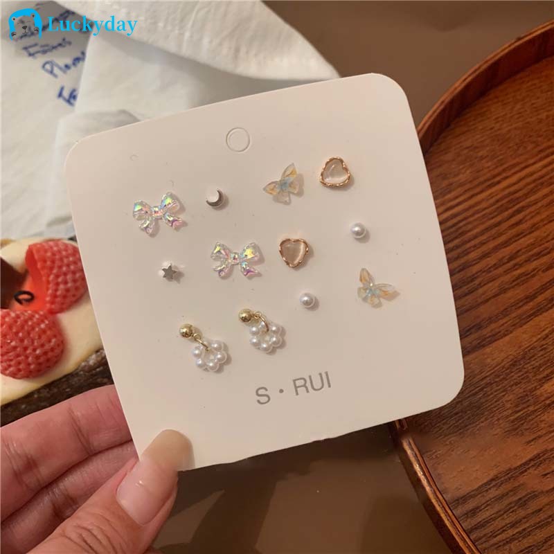 YEEZII Anting Stud Desain Kupu-Kupu Hati Pita Aksen Mutiara Gaya Elegan Untuk Wanita