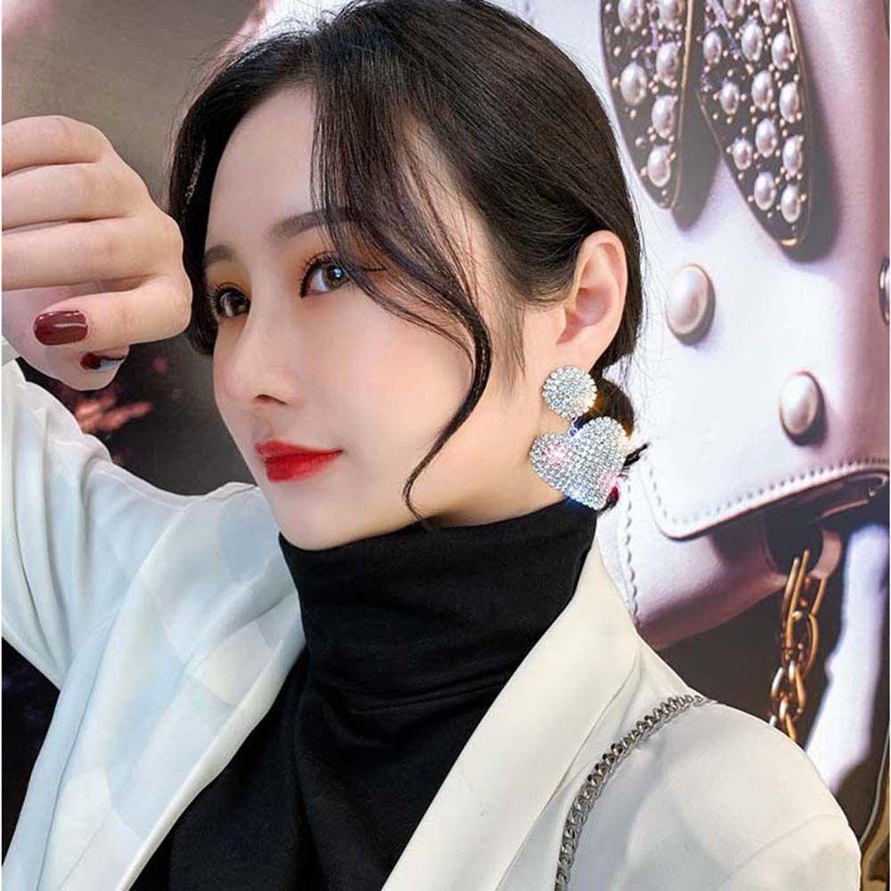 Needway   Stud Earrings Elegan Shiny Temperamen Aksesoris Cinta Hati Penuh Berlian Imitasi Shiny Crystal Menjuntai Earring