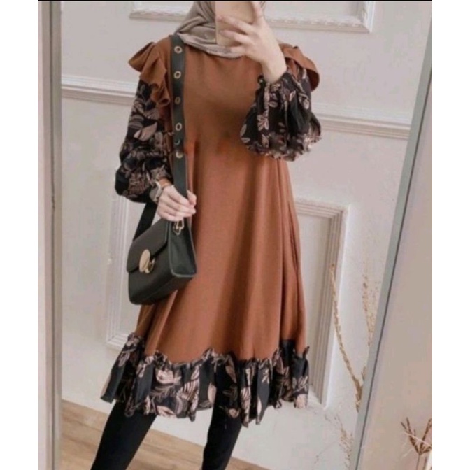PROMO ONE SET FINA  / ONE SET  STANDART JUMBO / ONE SET - RAYON - ZAZA  / LD 100/105/110/115/120 CM  DAILY  TUNIK WANITA SET MOSCREPRE PREMIUM-SYAFIRA MOCA SET