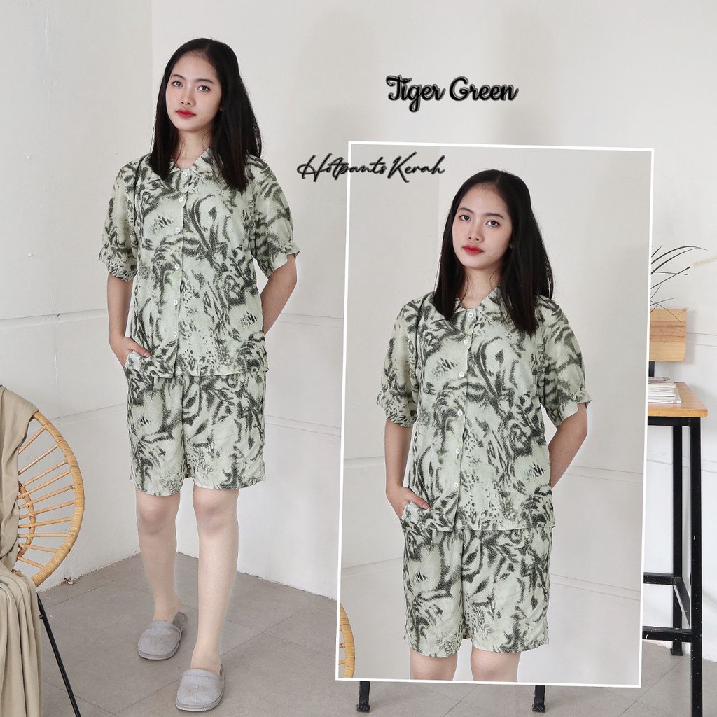 IZANY Piyama Dewasa Hotpant Lengan Balon / HP / Set Celana Pendek Dewasa banyak varian RAYON-TIGER GREEN RA