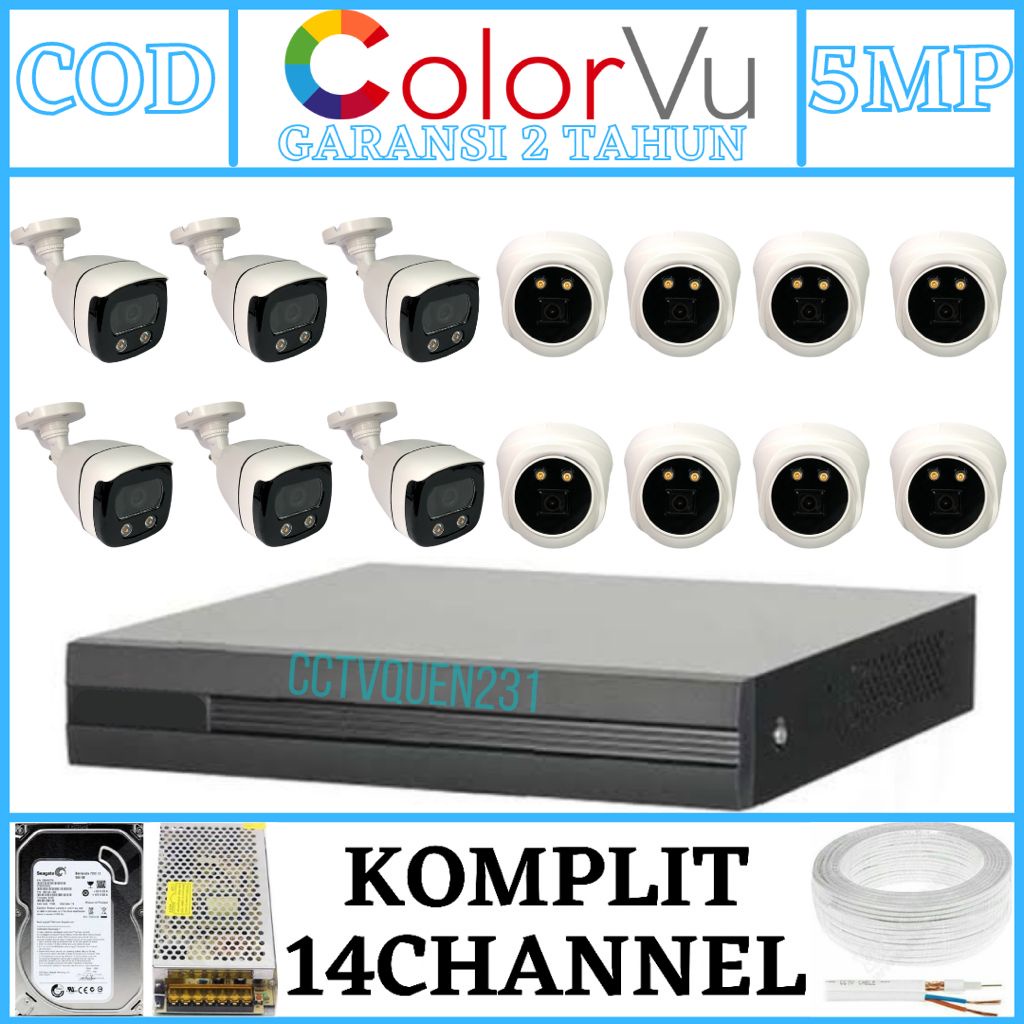 PAKET CCTV COLORVU 16 CHANNEL 14 KAMERA FULL COLOR 5MP 1080P IR SONY KOMPLIT TINGGAL PASANG