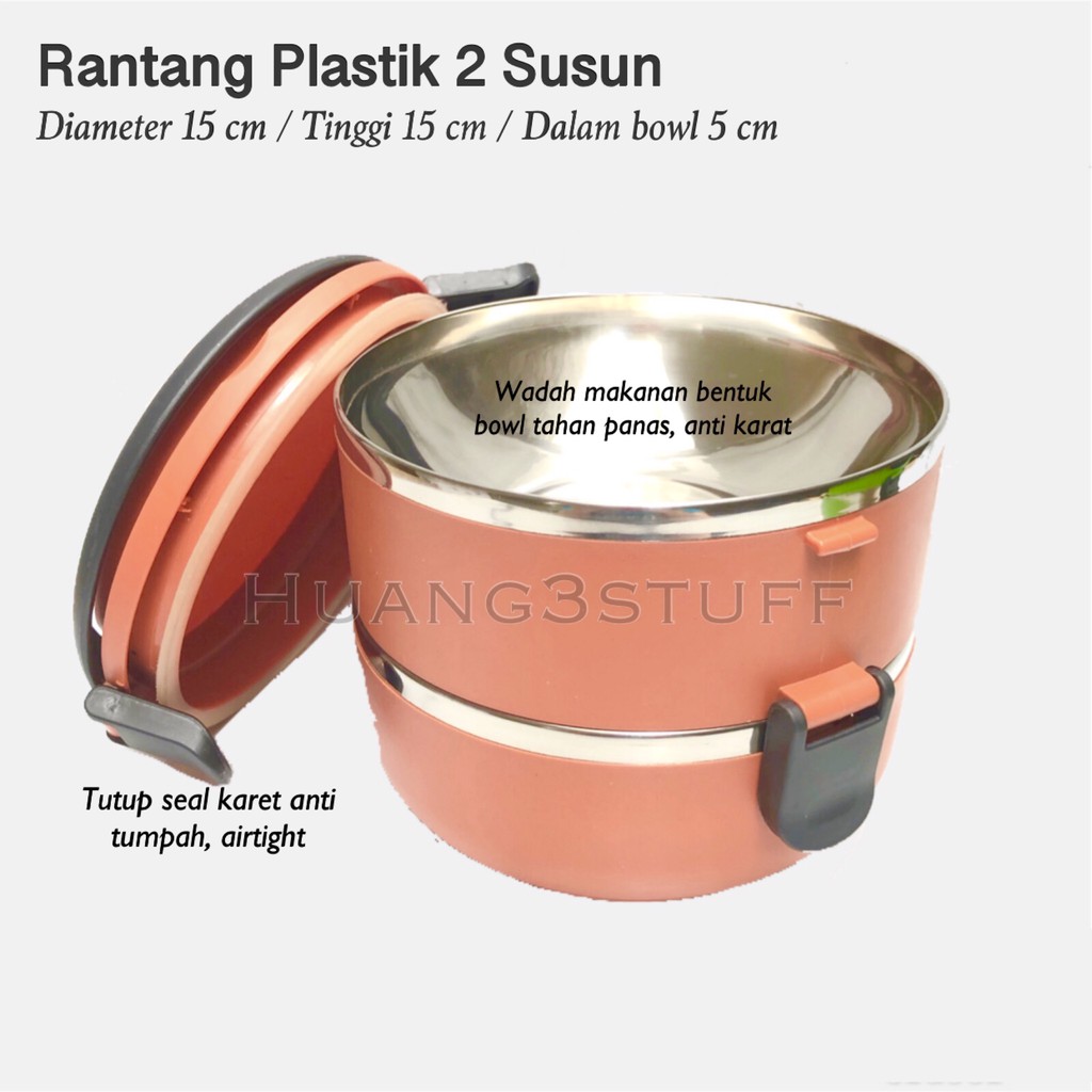 Rantang Stainless Lapis Plastik Bekal Makan / Lunch Box Susun 2 Warna Orange &amp; Hijau